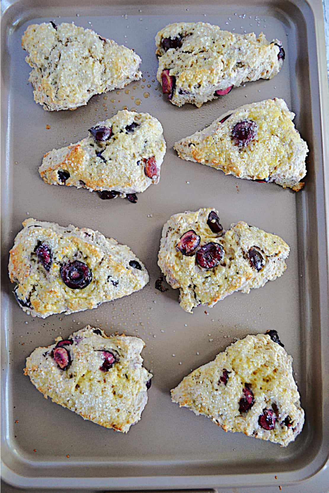 A cooking sheet with 8 cherry scones on it.