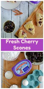 Pin Image: A cutting board with scones on it, a tub of butter, 3 cinnamon sticks, a bowl of cherries, and a plate with a scone and a fork on it, text, a cutting board with a cup of flour, a tub of butter, two eggs, a cup of sugar, and a big bowl of cherries on it.