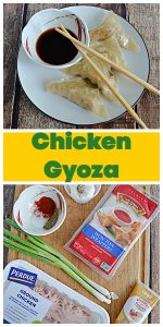 Pin Image: A plate with 4 chicken gyoza dumplings, a pair of chopsticks, and a bowl of dipping sauce on it, tex, a cutting board topped with a bowl of spices, a garlic bulb, a pack of wonton wrappers, a bunch of green onions, and a pack of ground chicken.