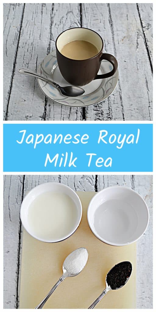 Pin Image: A cup of Royal Milk Tea on a saucer with a spoon next to it, text, a cutting board with a cup of water, a cup of milk, a teaspoon of sugar, and a spoonful of black tea. 