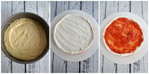 Step by step photos: the cake batter in a pan, the cake frosted, the cake with fresh peach jam spread on it.