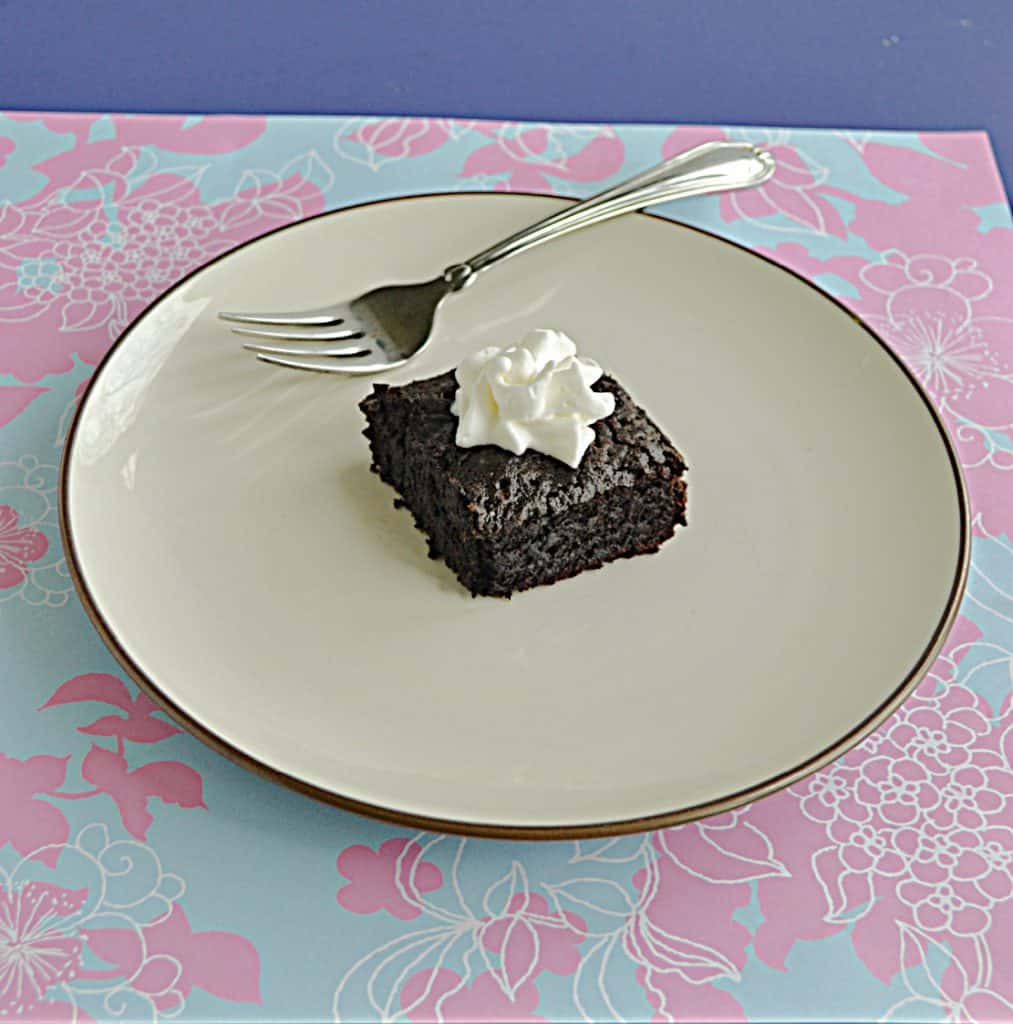 A plate with a chocolate sourdough brownie topped with whipped cream and a fork on the plate.