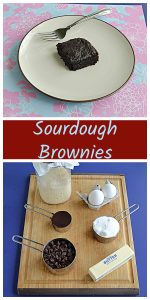 Pin Image: A plate with a brownie on it along with a fork, text, a cutting board wit a sourdough starter jar, a cup of chocolate chips, 2 eggs, a cup of sugar, and a stick of butter.