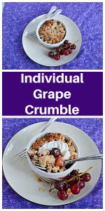 Pin Image: A plate with a ramekin of grape crumble on it, a pile of grapes, and two forks, text, a plate with a bowl of grape crumble on it with a fork digging into the crumble, a stem of grapes on one side, and a fork on the other side.
