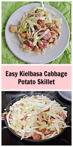 Pin Image: Potatoes, kielbasa, and cabbage piled high on a plate, text, a skillet with cabbage and kielbasa.