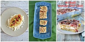 Pin Image: Everything but the bagel avocado chicken over rice, a platter of peach pie bars, and a slice of No Bake Banana Split Cake.