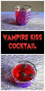 Pin Image: A glass with a skeleton hand on it filled with red Vampire's Kiss Cocktail and floating blackberries, text, a top view of blackberries floating in a red cocktail.