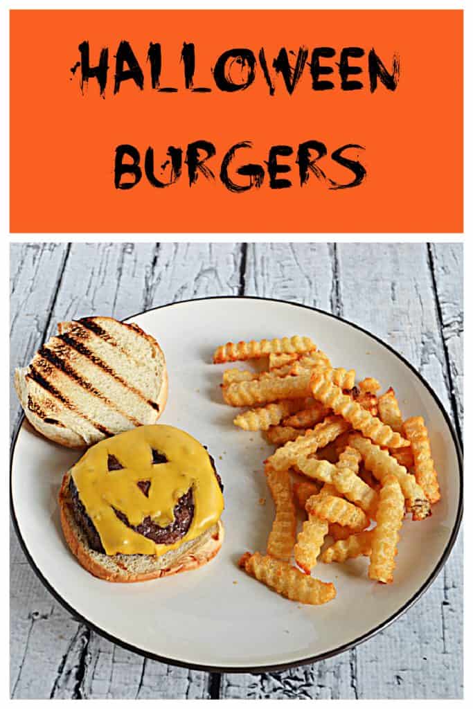 Pin Image:   Text, A plate with a piece of cheese that looks like a Jack-o-lantern face on a toasted bun along side a pile of fries.