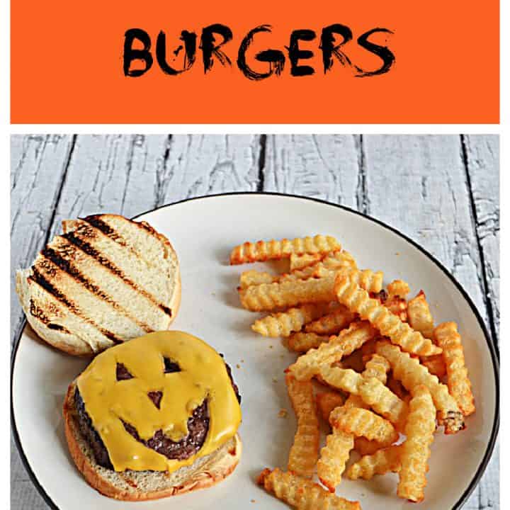Pin Image: Text, A plate with a piece of cheese that looks like a Jack-o-lantern face on a toasted bun along side a pile of fries.