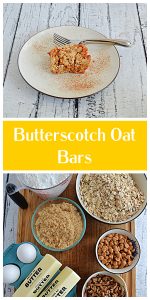 Pin Image: A close up of a plate with a Butterscotch Oat Bar with 2 forks on the plate, text, a cutting board with a bowl of oats, a bowl of brown sugar, 2 sticks of butter, a bowl of pecans, a cup of flour, and eggs on it.