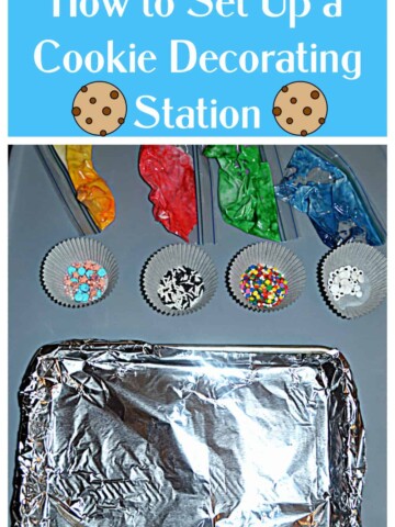 Pin Image: Text, a pan covered in foil, 4 cups of sprinkles, 4 bags of colored frosting.