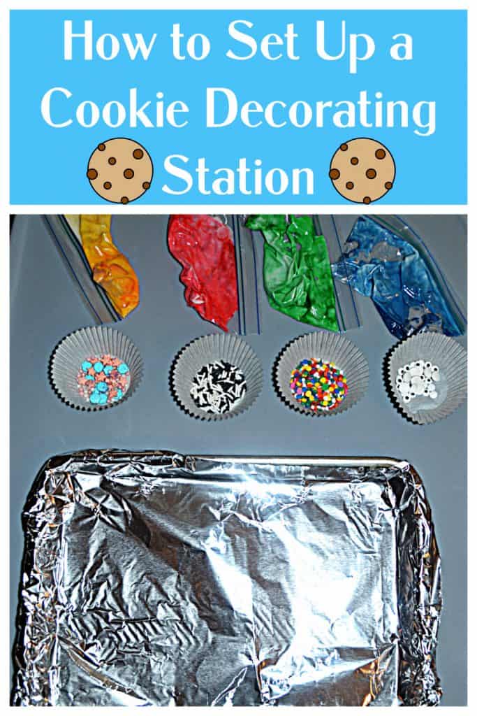 Pin Image:  Text, a pan covered in foil, 4 cups of sprinkles, 4 bags of colored frosting.
