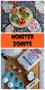 Pin Image: A plate with 5 orange and green Halloween Monster Donuts on it, text, a cutting board with a bag of sugar, a cup of sugar, eggs, a stick of butter, and food coloring.