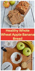 Pin Image: A platter with a close up of three slices of apple banana bread and the rest of the loaf with 2 apples in the background, text, a cutting board with apples, a bowl of spices, a cup of yogurt, an egg, a cup of flour, and a cup of brown sugar.