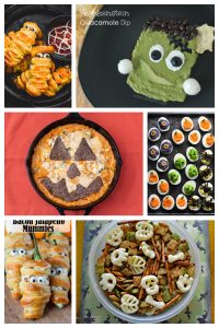 Pin Image: Mummy Dogs, Frankenstein Guacamole, Halloween colored delived eggs, Pumpkin pizza dip, Mummy Jalapeno Poppers, Halloween snack mix.