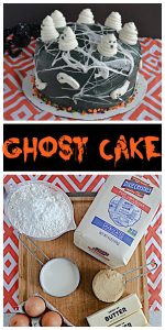 Pin Image: A black cake covered in marshmallow spiderwebs and swirled buttercream ghosts on top, text, a cutting board with a bag of sugar, a cup of flour, a cup of milk, 3 sticks of butter, and a half dozen eggs on it.