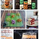 Pin Image: Pumpkin Milkshake, Halloween Decorated Mini Cakes, Halloween Haystacks in 3 colors, Glass Shard Red Velvet Cake, Halloween Spiderweb Cake, Candy Corn Cocktail