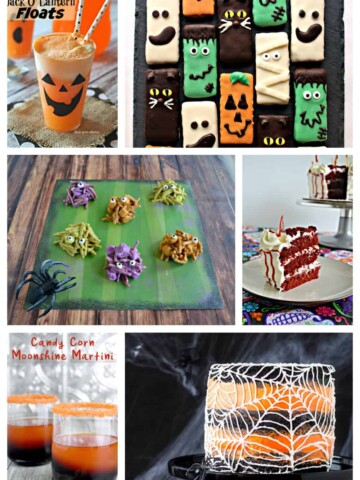 Pin Image: Pumpkin Milkshake, Halloween Decorated Mini Cakes, Halloween Haystacks in 3 colors, Glass Shard Red Velvet Cake, Halloween Spiderweb Cake, Candy Corn Cocktail