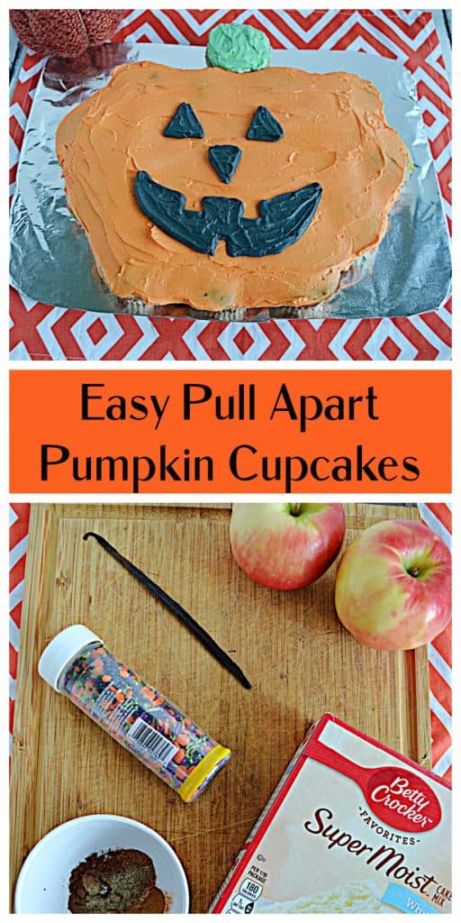 Pin Image:  A large pull apart Pumpkin Cupcakes with black jack-o-lantern face, text, a cutting board with 2 apples, a vanilla bean, sprinkles, and a box of cake mix. 