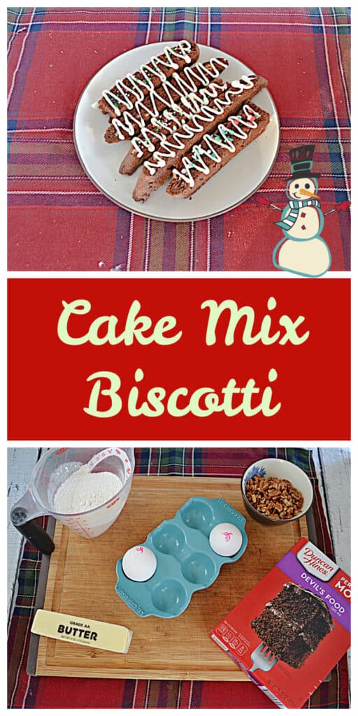 Pin Image:  A plate with five chocolate biscotti drizzled with white chocolate and covered in sprinkles, text, a cutting board with a cup of flour, a cup of pecans, 2 eggs, a stick of butter, and a box of cake mix on it.