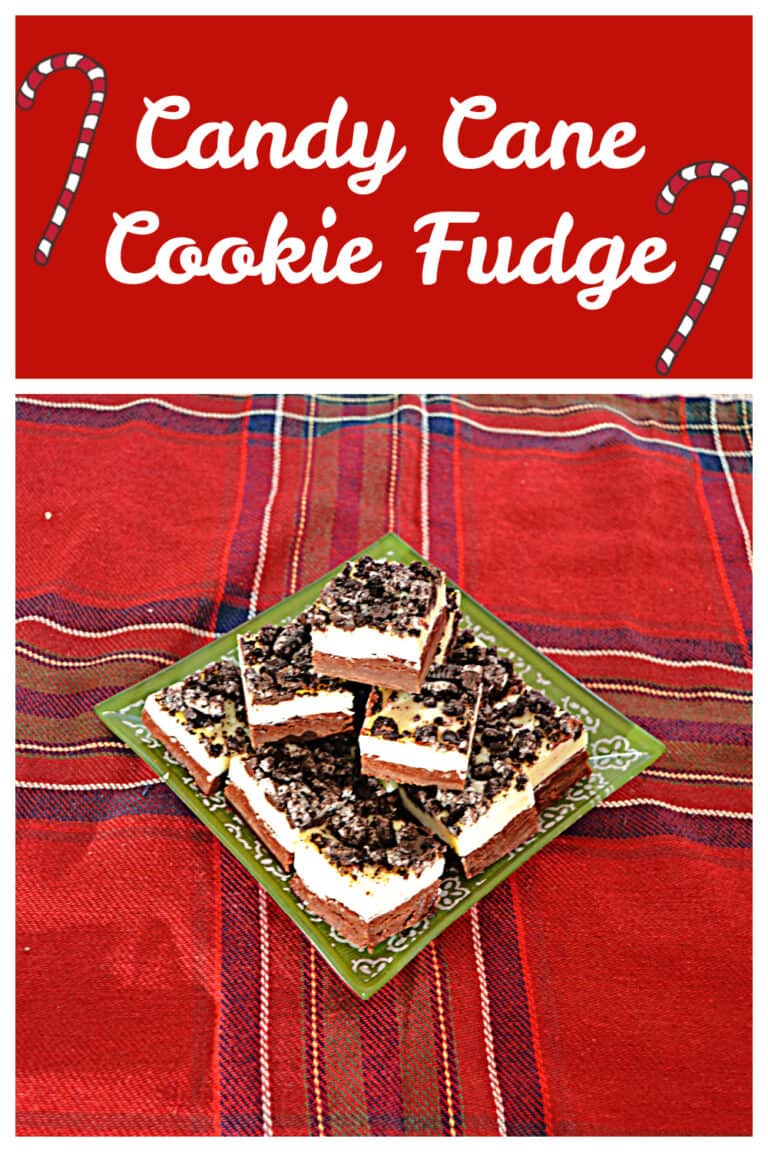 Pin Image: Text, a plate piled high with candy cane cookie fudge squares