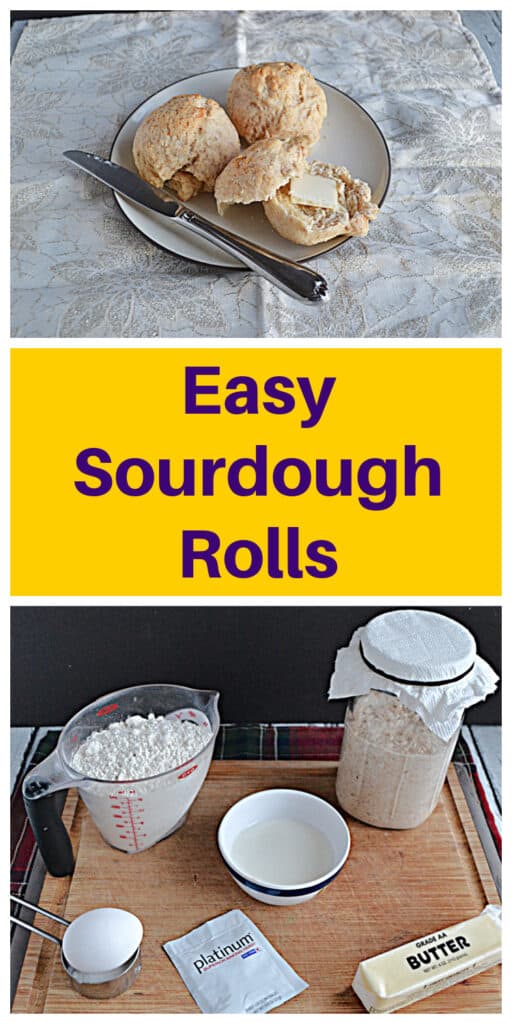 Pin Image: A plate with three sourdough rolls, one cut open with a slab of butter on it, and a knife on the plate, text, a cutting board with a sourdough starter on it, a cup of flour, an egg, a packet of yeast, and a stick of butter.