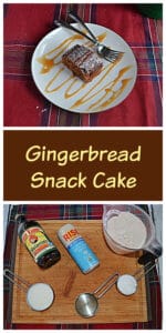 Pin Image: A plate with a piece of gingerbread snack cake on it drizzled with caramel sauce and two forks on the plate, text, a cutting board with a bottle of molasses, a can of cold brew coffee, a cup of flour, a cup of sugar, a cup of oil, and a bowl of spices.