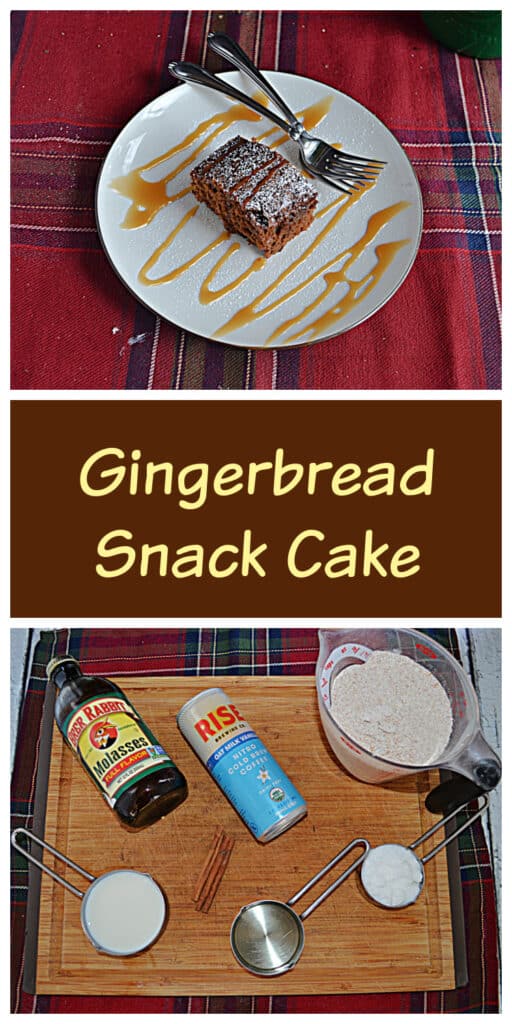 Pin Image: A plate with a piece of gingerbread snack cake on it drizzled with caramel sauce and two forks on the plate, text, a cutting board with a bottle of molasses, a can of cold brew coffee, a cup of flour, a cup of sugar, a cup of oil, and a bowl of spices.