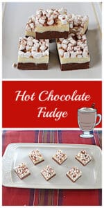 Pin Image: Hot chocolate fudge squares topped with mini marshmallows stacked on top of one another, text, a platter with six hot chocolate fudge squares spread out on it.