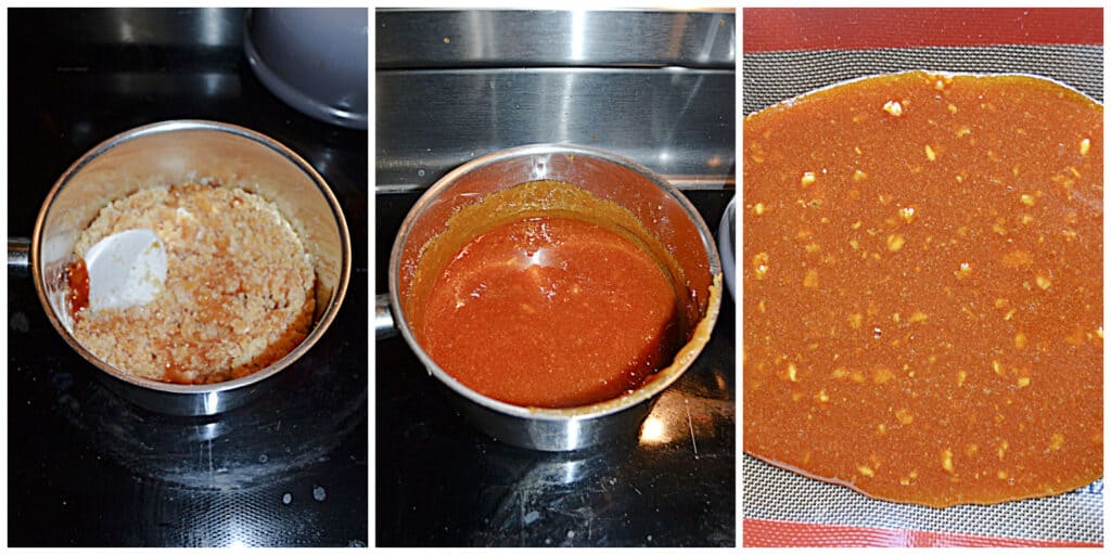 Pin Image:   A pan of sugar and water on the stove, a pan of homemade caramel on the stove, caramel poured onto a silpat.
