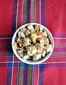 An overhead view of a bowl of apple chestnut stuffing.