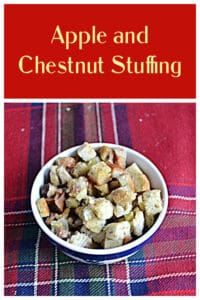 Pin Image: Text, a bowl of apple and chestnut stuffing.