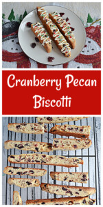 Pin Image: A plate piled with biscotti and sprinkled with cranberries, text title, a wire rack piled with biscotti.