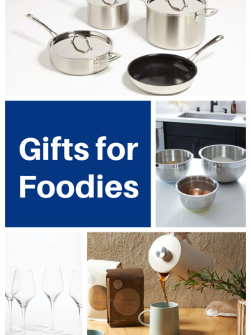Pin Image: A collection of pots and pans, text, a set of 3 metal mixing bowls, two bags of coffee next to a coffee pot pouring a mug of coffee, 4 wine glasses.