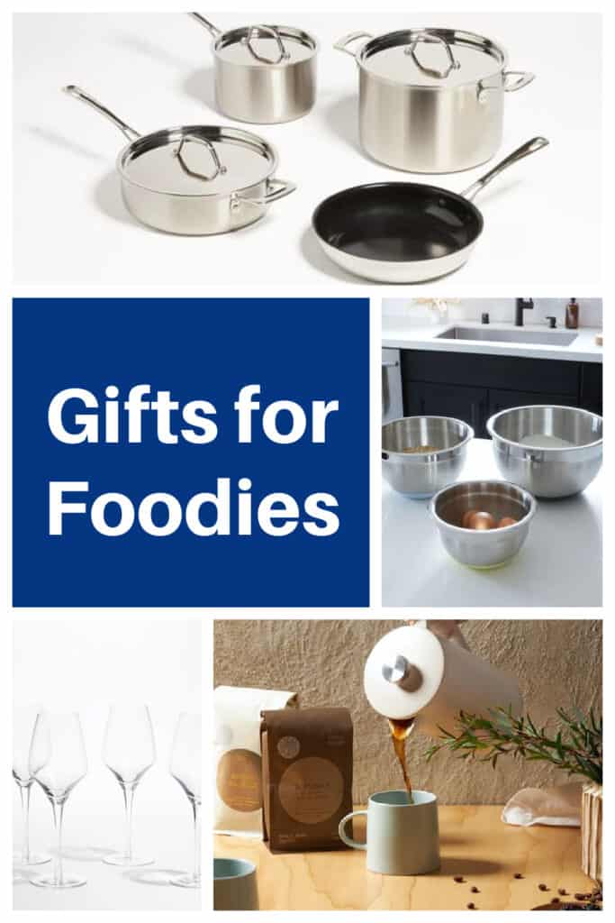 Pin Image: A collection of pots and pans, text, a set of 3 metal mixing bowls, two bags of coffee next to a coffee pot pouring a mug of coffee, 4 wine glasses. 