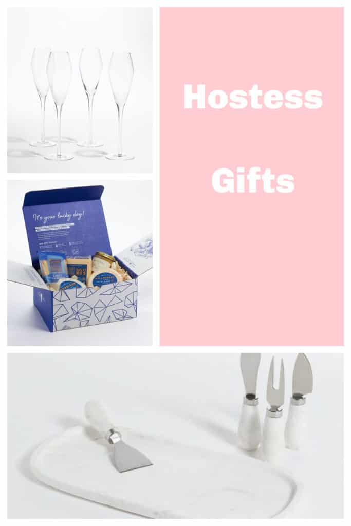 Pin Image: a set of 4 champagne glasses, a box of artisan cheeses and honey, text, a marble platter with utensils.