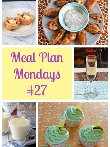 Pin Image: Two Meatball cups on a plate, a plate covered with Salt n Vinegar Chicken wings with dip in the middle, a glass with champagne cocktail, text, three Margarita cupcakes with a lime and tequila shooter on top, and a mug of white hot cocoa.