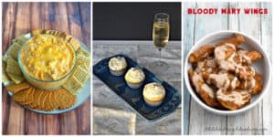 Pin Collage: A plate with crackers surrounding a bowl of Buffao Chicken Dip, a platter with three champagne cupcakes on it and a champagne flute behind them, a bowl of