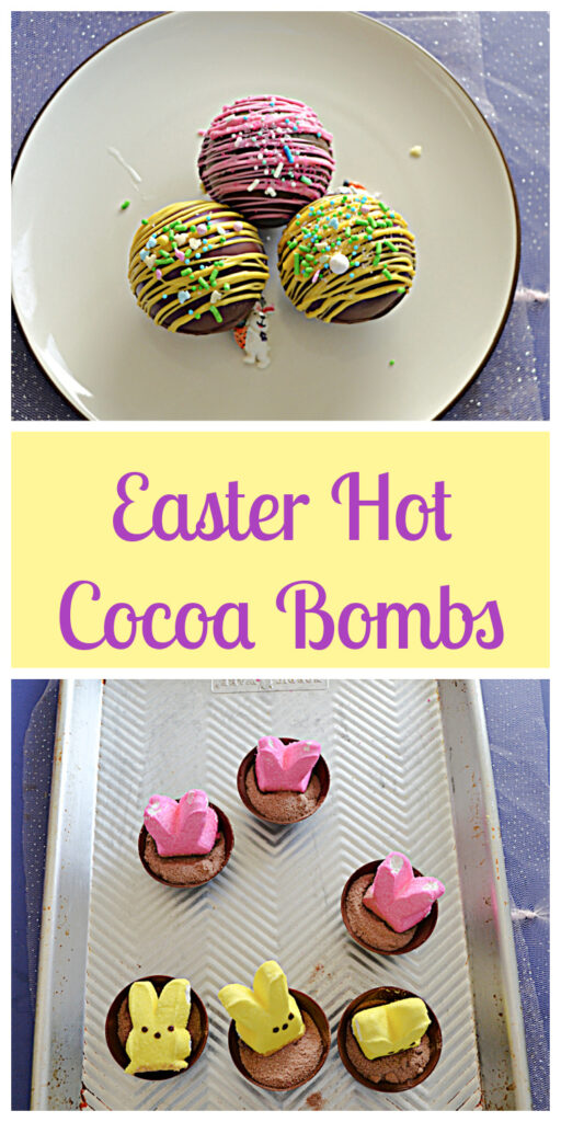 Pin Image: A plate with three Easter Hot Cocoa Bombs on it, text, a cutting board with six half spheres of chocolate each with a marshmallow bunny in it. 