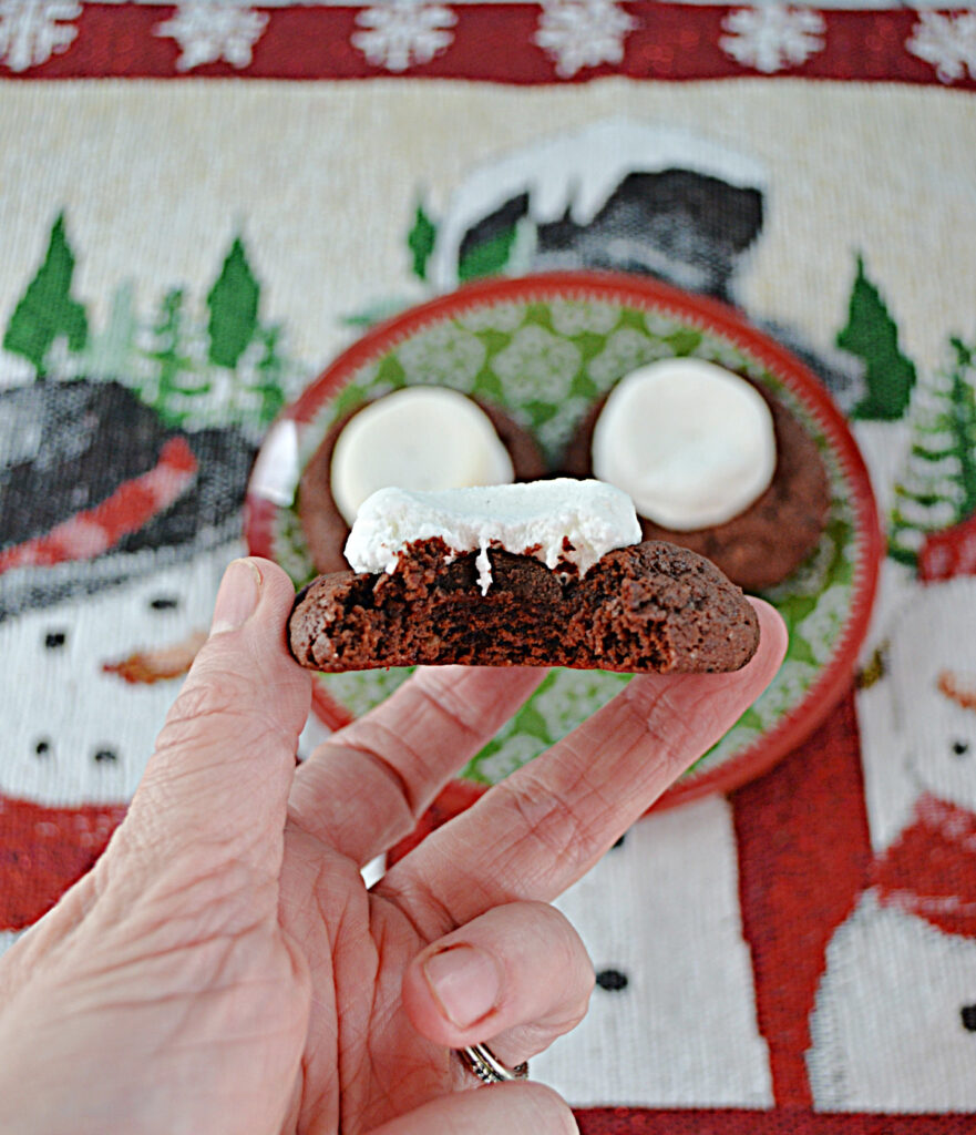 A close up of a hot cocoa cookie with a bite out of it and a plate of cookies in the background.