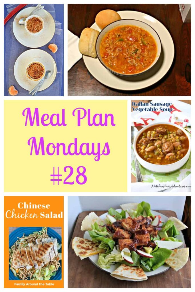 Pin Image: Two plates with a ramekin of orange rhubarb crumble on them, a bowl of stuffed pepper ssoup with a roll on the side, a bowl of sausage vegetable soup, text, a salad on a plate topped with sliced chicken, a plate topped with bbq tofu and quesadilla wedges. 