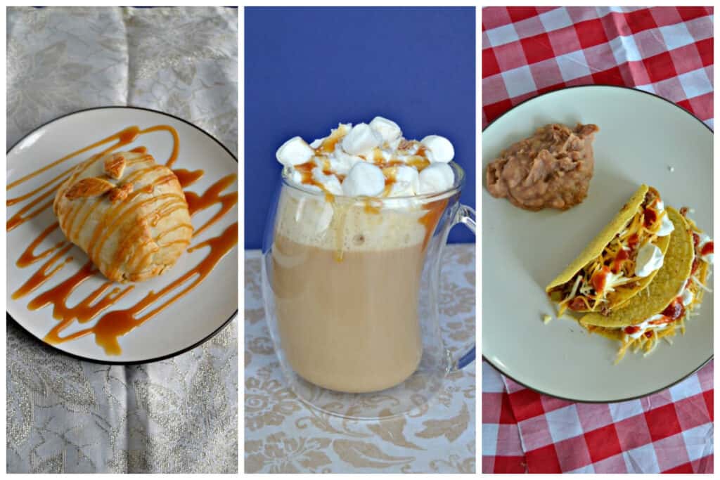 Pin Collage: A Pear Dumpking drizzled with caramel on a plate, a mug of caramel marshmallow latte topped with marshmallows and caramel, a plate with spicy beef tacos and refried beans. 