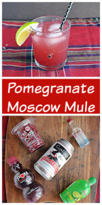 Pin Image: A Pomegranate Moscow Mule in a glass with ice, a straw, and a wedge of lime, text, a board with a bottle of lime juice, a bottle of pomegranate juice, a can of ginger beer, a bottle of vodka, and a container of pomegranate arils.