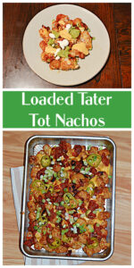 Pin Image: A plate of tater tots topped with cheese sauce, jalapenos, salsa, and scallions, text, A pan of tater tots topped with salsa, cheese, jalapenos, and scallions.
