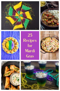 Pin Image: Yellow, purple, and green sugar toast, a skillet with jambalaya in it, a pan of shrimp, text, a sweet Mardi Gras cheese ball with cookies, a plate of shrimp egg rolls, and Mardi Gras Jell-O shots.