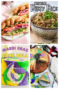 Pin Collage: A giant Shrimp Po' By Sandwich, a bowl of Dirty Rice, A plate with a King Cake decorated with green, yellow, and purple icing on it and a piece cut out, slices of yellow, green, and purple Mardi Gras Cake Rolls.