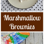 Pin Image: A plate with a chocolate frosted brownie on it, 2 forks, and a few mini marshmallows, text, a box of brownie mix and a bag of mini marshmallows.
