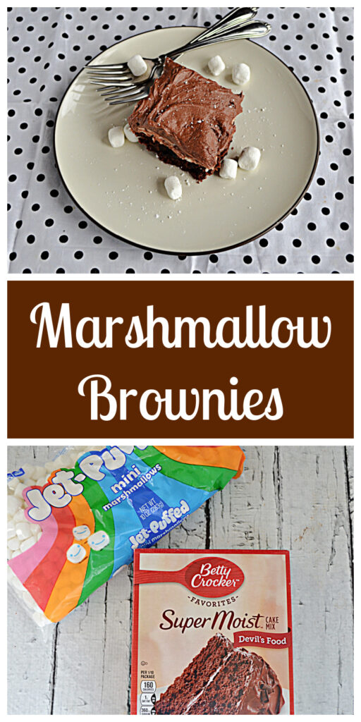 Pin Image: A plate with a chocolate frosted brownie on it, 2 forks, and a few mini marshmallows, text, a box of brownie mix and a bag of mini marshmallows.