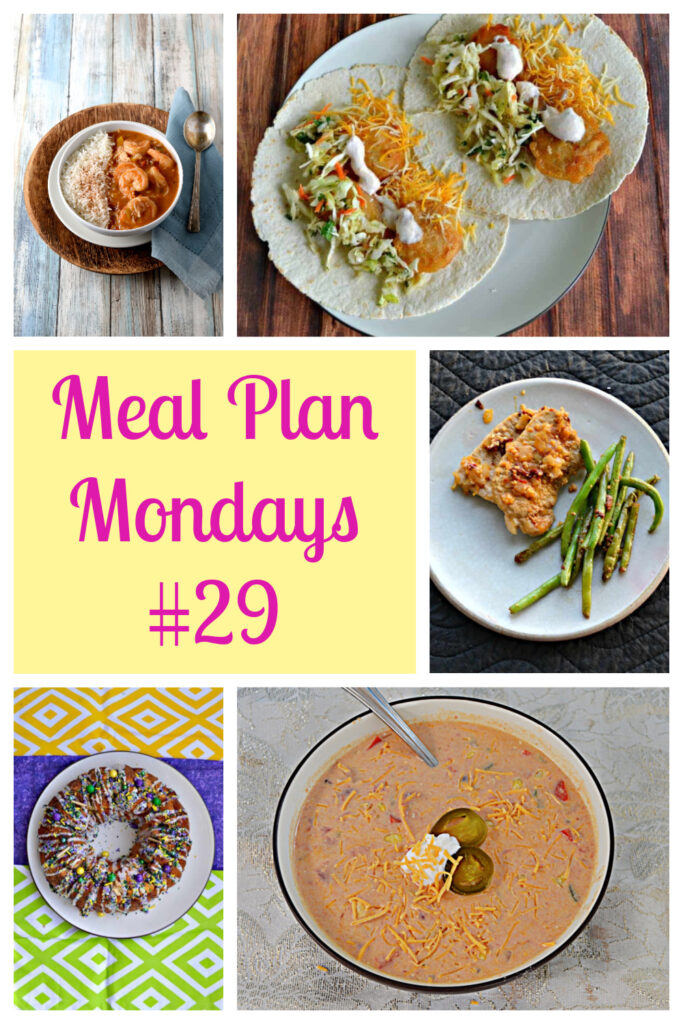 Pin Collage: A bowl with shrimp, a plate with two fish tacos, a plate with a pork chop and green beans, a bowl of chicken chili, and Mardi Gras Monkey Bread.