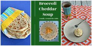 Pin Collage: A plate with Naan stacked on it, a bowl of Broccoli Cheddar Soup, a plate with Chai Spiced Vanilla Cupcakes with a mug of tea behind it.